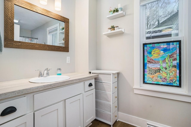 bathroom with wood-type flooring and vanity