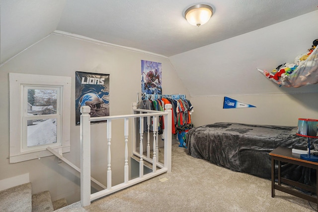 bedroom featuring vaulted ceiling and carpet floors