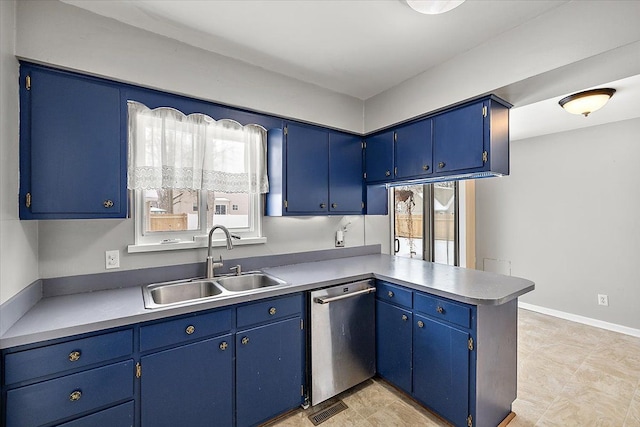 kitchen with plenty of natural light, dishwasher, blue cabinetry, and sink