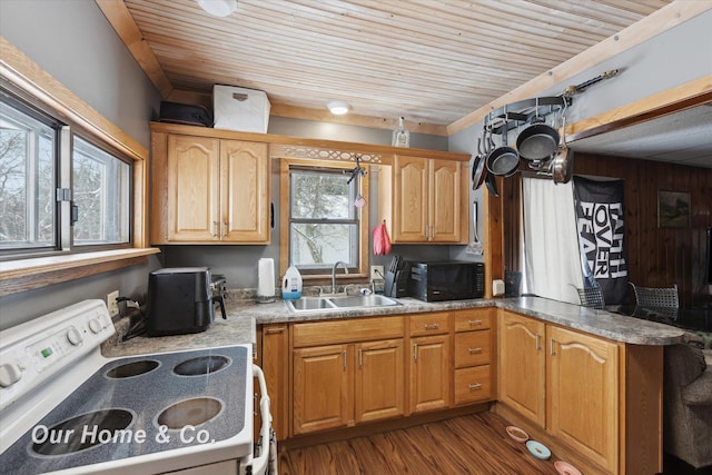 kitchen featuring wood ceiling, electric range, sink, and wood-type flooring