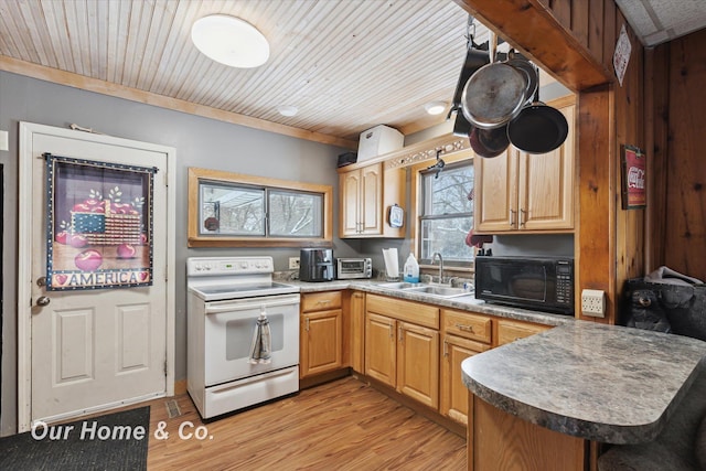 kitchen featuring wood ceiling, light hardwood / wood-style floors, kitchen peninsula, electric range, and sink