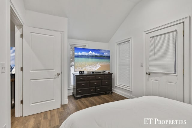 bedroom with dark hardwood / wood-style flooring and lofted ceiling