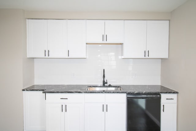 kitchen with backsplash, dishwasher, sink, and white cabinetry