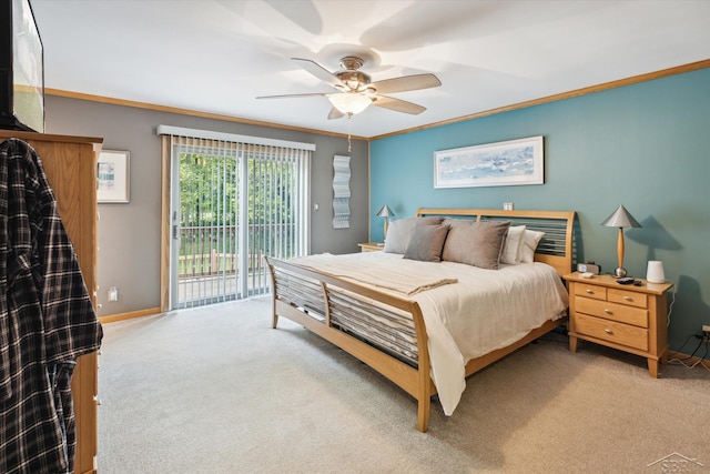 bedroom with ceiling fan, light colored carpet, access to outside, and ornamental molding