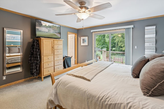 bedroom with ceiling fan, access to exterior, ornamental molding, and carpet flooring