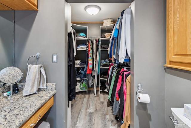 walk in closet with light hardwood / wood-style floors