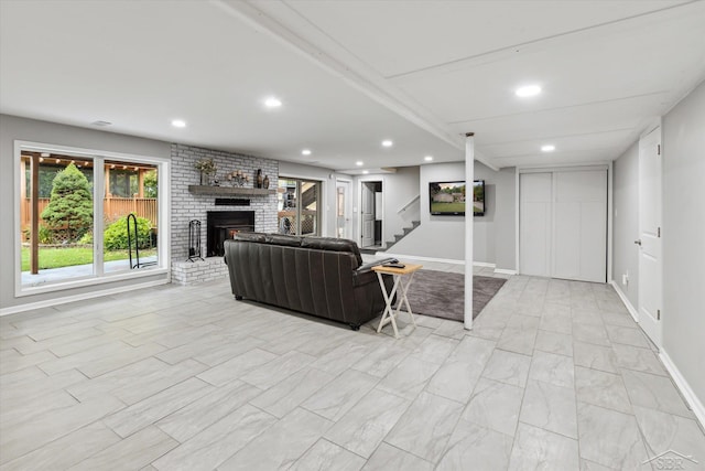 living room with a fireplace