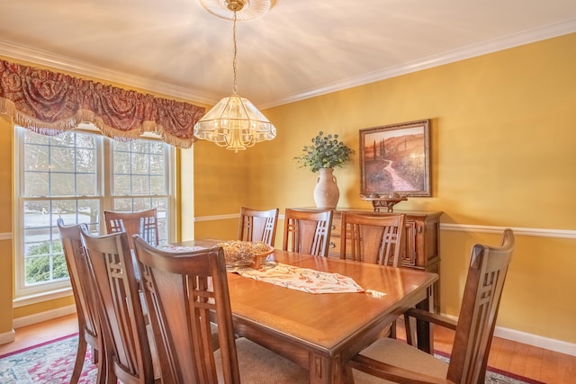 dining room featuring wood-type flooring, a healthy amount of sunlight, and ornamental molding