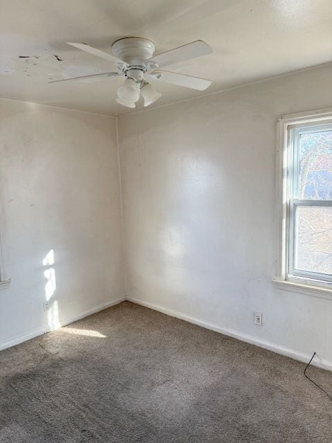 carpeted spare room with ceiling fan