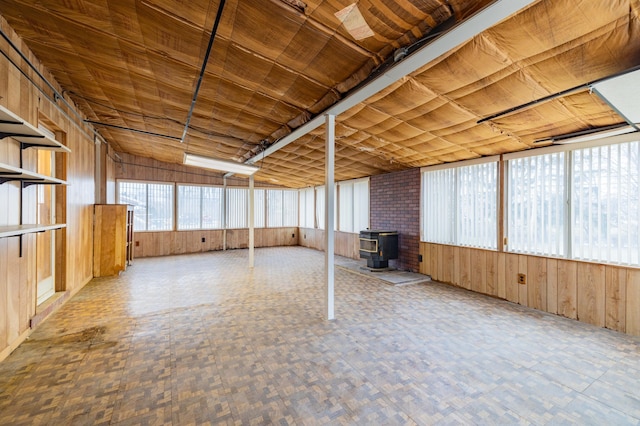 basement with a wood stove