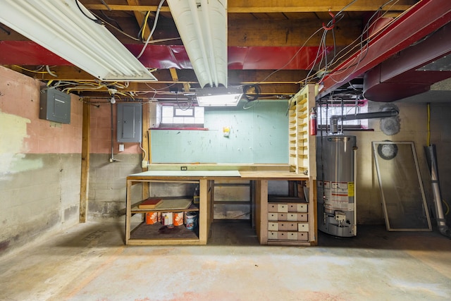 basement with electric panel, gas water heater, and a workshop area