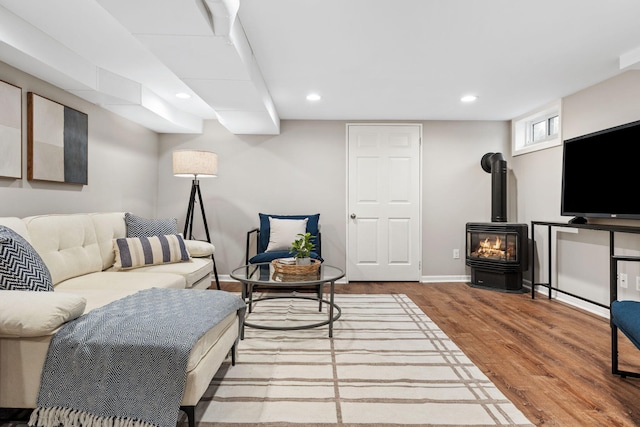 living room with a wood stove and wood-type flooring