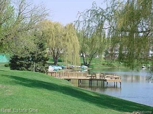 dock area with a water view and a yard