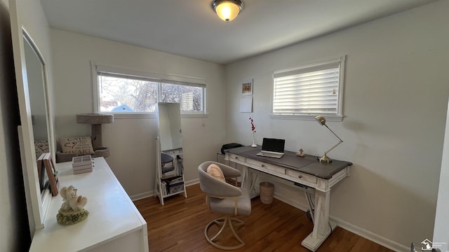 office featuring dark wood-type flooring and a healthy amount of sunlight