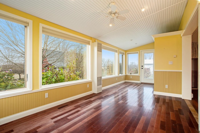 unfurnished sunroom with vaulted ceiling, wooden ceiling, and ceiling fan