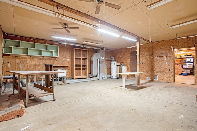 basement with ceiling fan