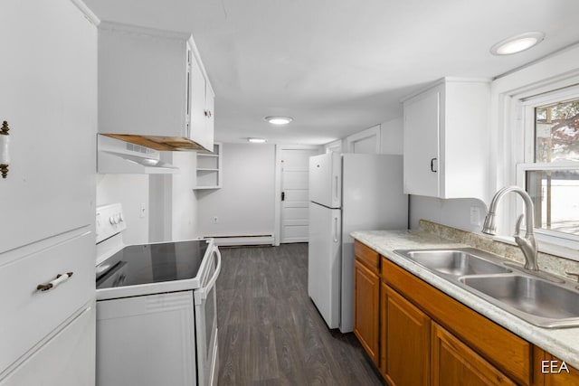 kitchen featuring a baseboard radiator, white appliances, white cabinets, sink, and dark hardwood / wood-style floors