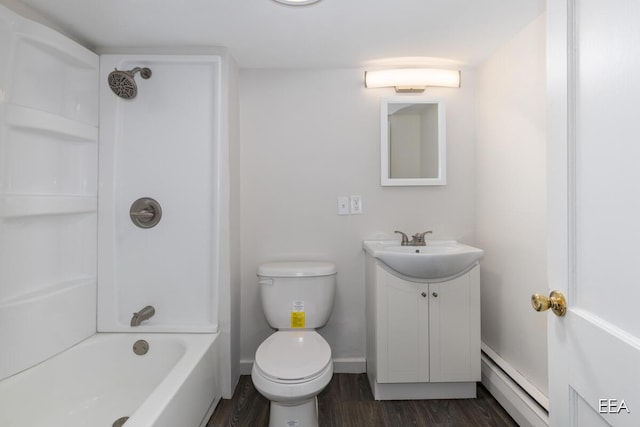 full bathroom with toilet, vanity, bathing tub / shower combination, and hardwood / wood-style flooring