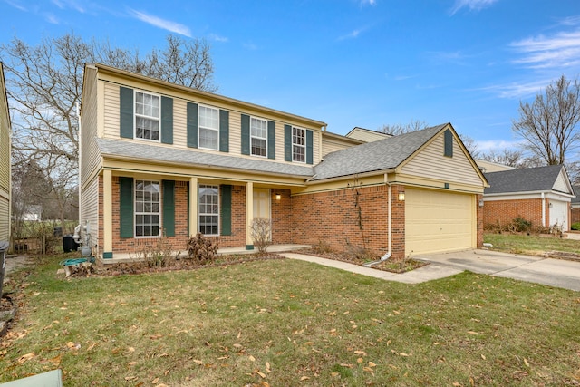 view of property featuring a garage, a front yard, and covered porch