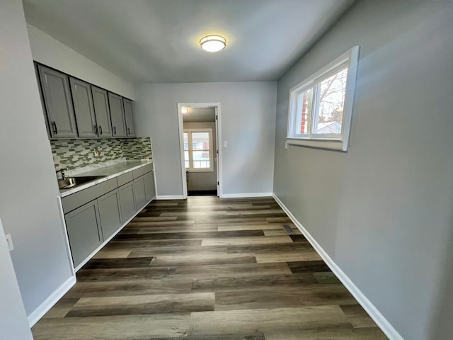 kitchen with sink, backsplash, plenty of natural light, and gray cabinetry