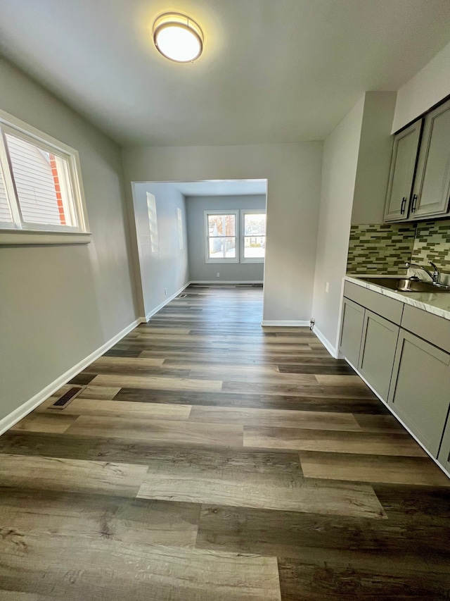 unfurnished dining area with sink and dark hardwood / wood-style floors