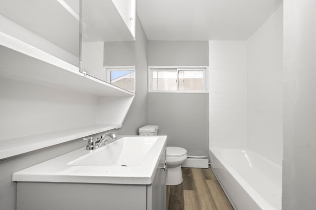 bathroom featuring toilet, wood-type flooring, and vanity