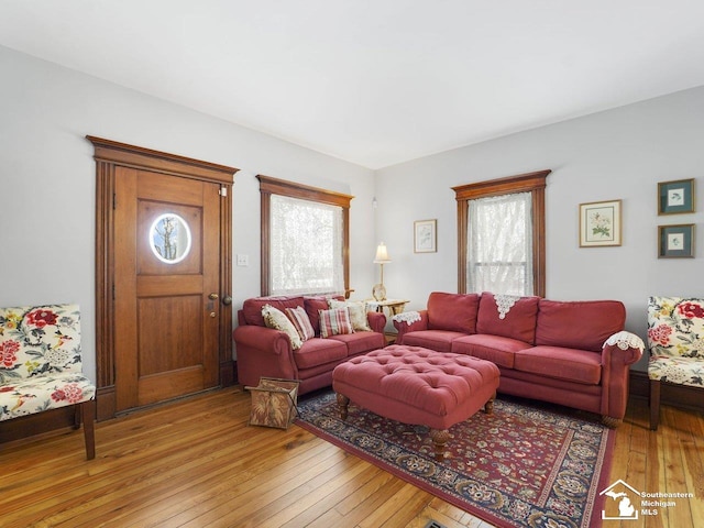 living room with a healthy amount of sunlight and light hardwood / wood-style flooring