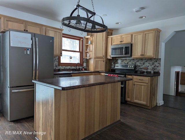 kitchen with appliances with stainless steel finishes, backsplash, dark hardwood / wood-style floors, a kitchen island, and sink