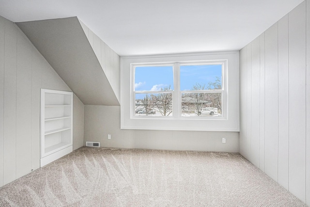 additional living space featuring built in features, wood walls, and carpet flooring