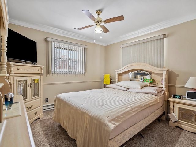 carpeted bedroom featuring ceiling fan, a baseboard radiator, and crown molding