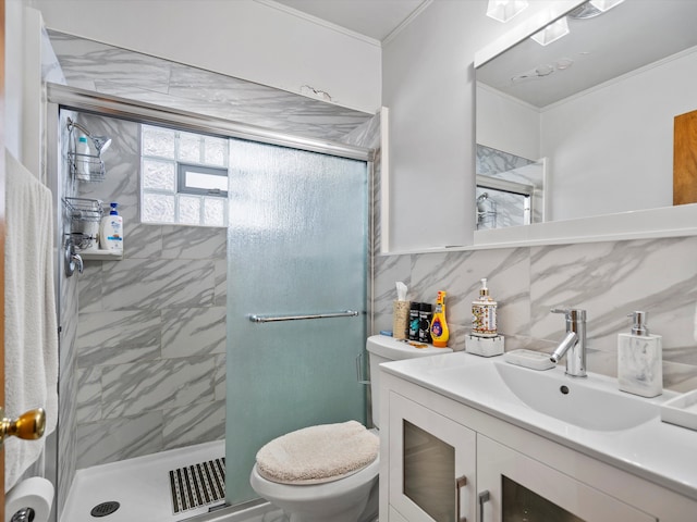 bathroom featuring vanity, decorative backsplash, toilet, walk in shower, and ornamental molding