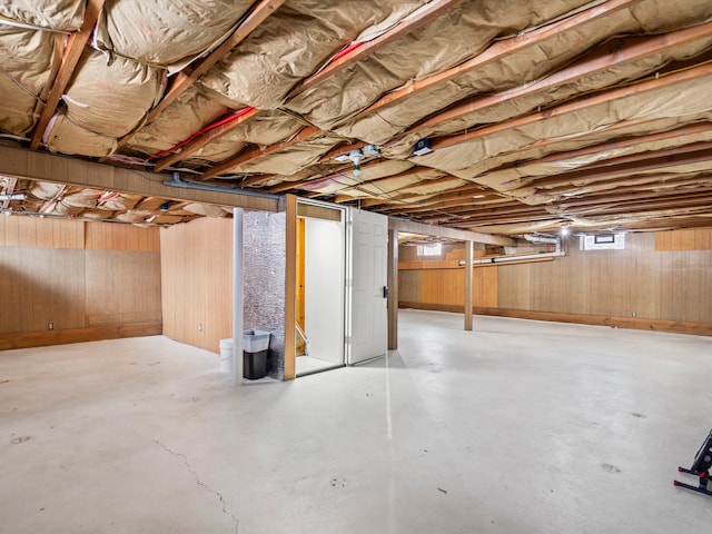 basement featuring wooden walls