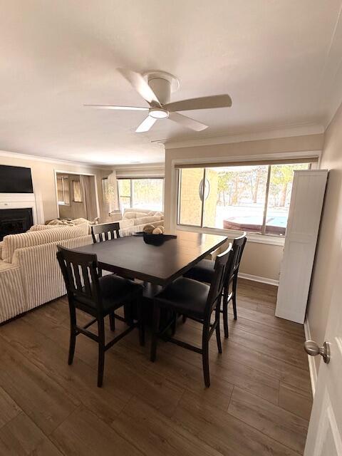 dining space featuring dark wood-type flooring, ceiling fan, a healthy amount of sunlight, and crown molding