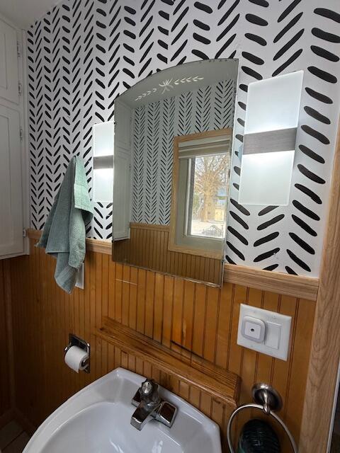 bathroom featuring sink and wood walls