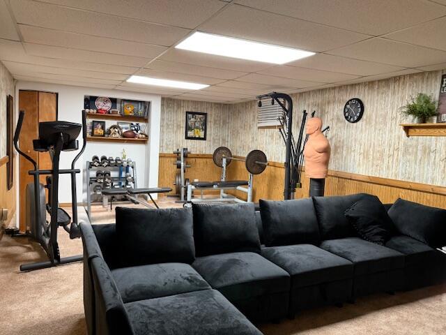 living room featuring carpet floors, a paneled ceiling, and wood walls