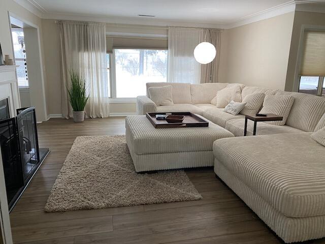 living room with dark wood-type flooring and ornamental molding