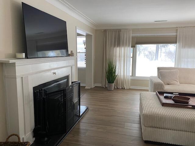 living room with wood-type flooring, a wealth of natural light, and crown molding