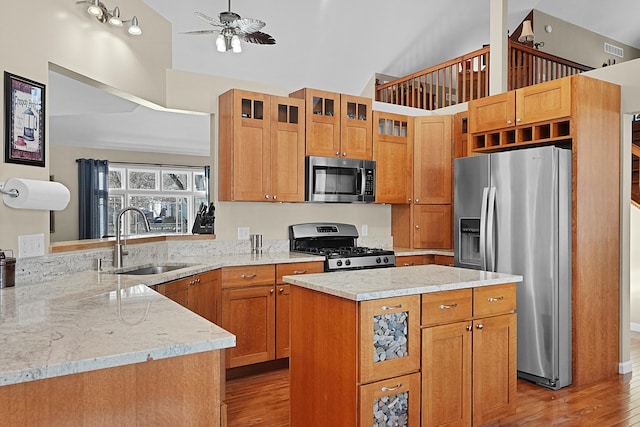 kitchen featuring sink, stainless steel appliances, light stone countertops, a kitchen island, and kitchen peninsula