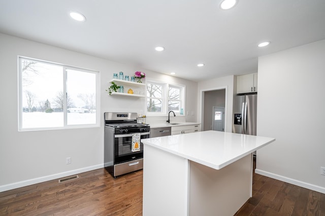 kitchen featuring white cabinetry, stainless steel appliances, dark wood-type flooring, a kitchen island, and sink