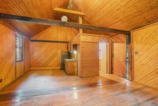 unfurnished living room featuring wood ceiling, wooden walls, and lofted ceiling with beams