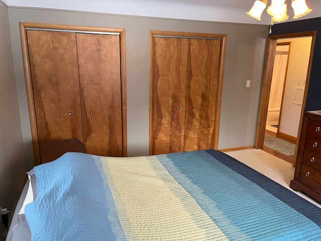 carpeted bedroom with two closets