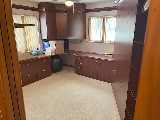 kitchen featuring ceiling fan and carpet flooring