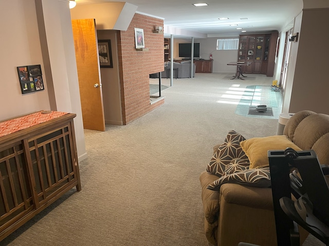 living room featuring light carpet