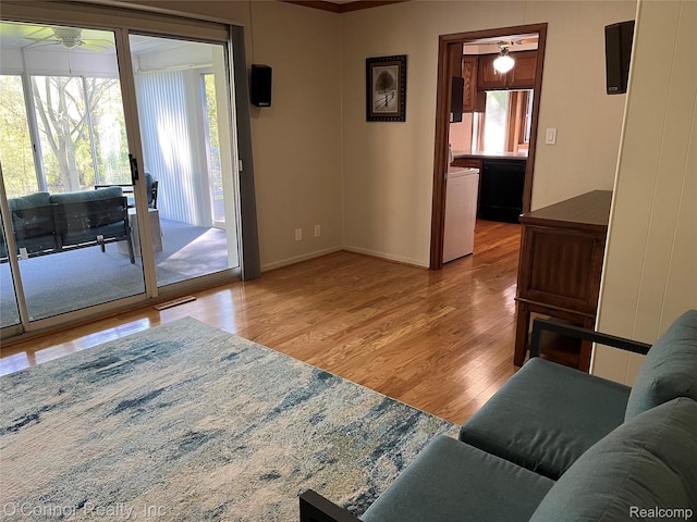 43 W Breitmeyer, Mount Clemens, MI 48043 - living room with light wood-style floors, baseboards, a ceiling fan, and washer / clothes dryer