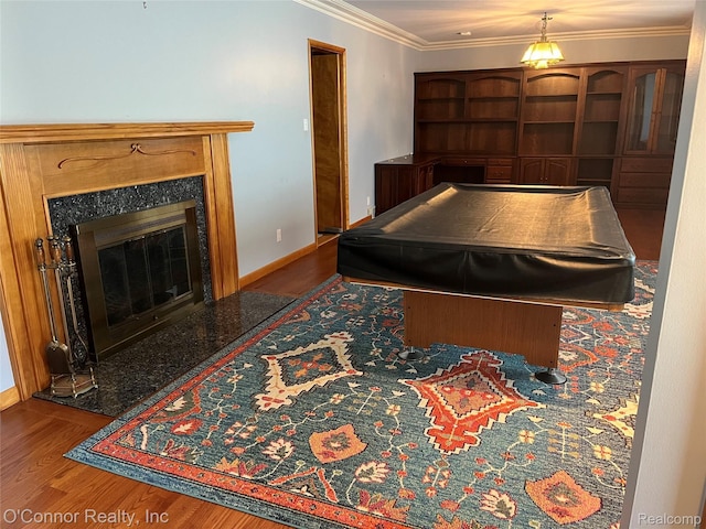 43 W Breitmeyer, Mount Clemens, MI 48043 - recreation room featuring wood finished floors, ornamental molding, baseboards, a premium fireplace, and billiards table