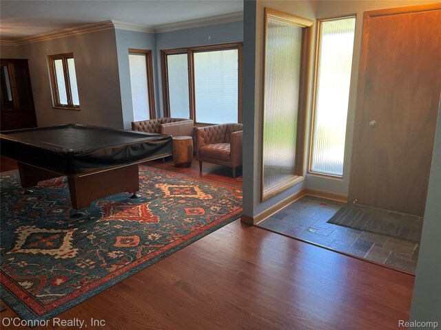 43 W Breitmeyer, Mount Clemens, MI 48043 - rec room featuring billiards table, plenty of natural light, baseboards, wood finished floors, and crown molding