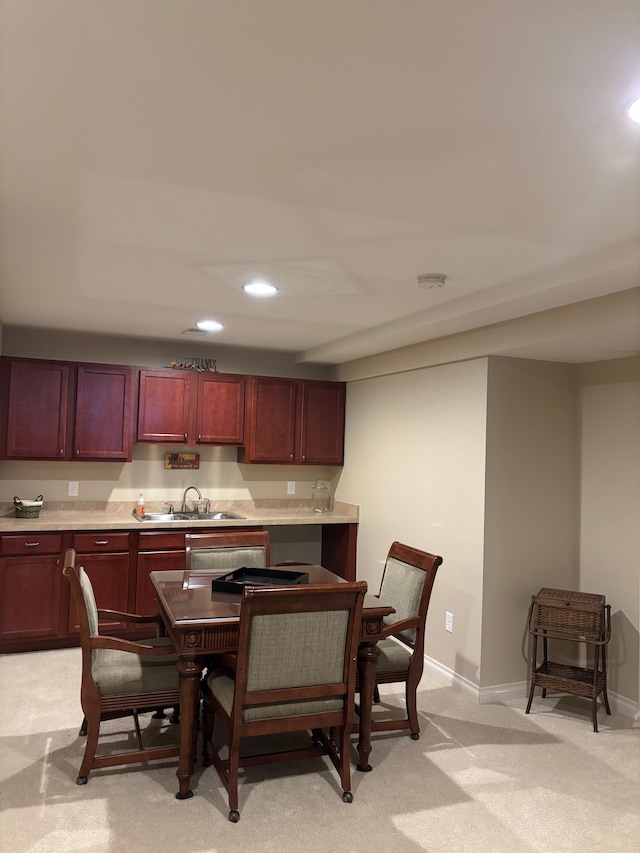 kitchen featuring sink and light colored carpet