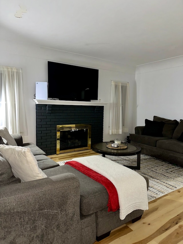 living room with wood-type flooring and a fireplace