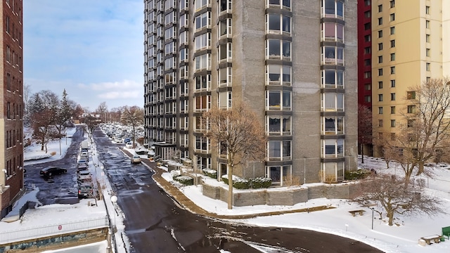 view of snow covered building