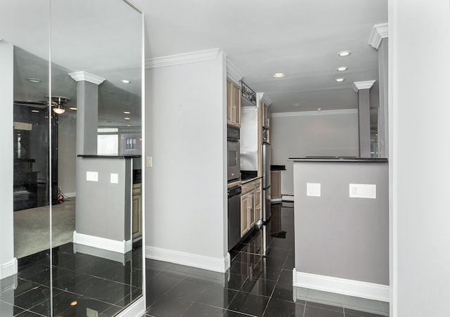 8200 E Jefferson Ave Unit 1811, Detroit, MI 48214 - kitchen with ceiling fan, kitchen peninsula, stainless steel fridge, and ornamental molding